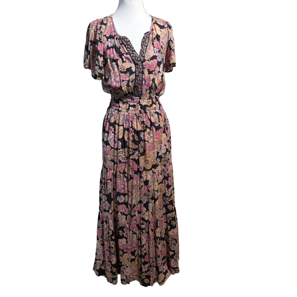 Natural Life Floral Maxi Dress Small Pink Black Smocked Waist Tiered Pocket Boho